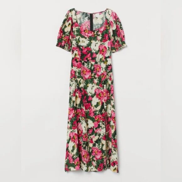 H&M Women's Floral Patterned Midi Flowy Dress in Pink and Cream Size Medium - Picture 2 of 16